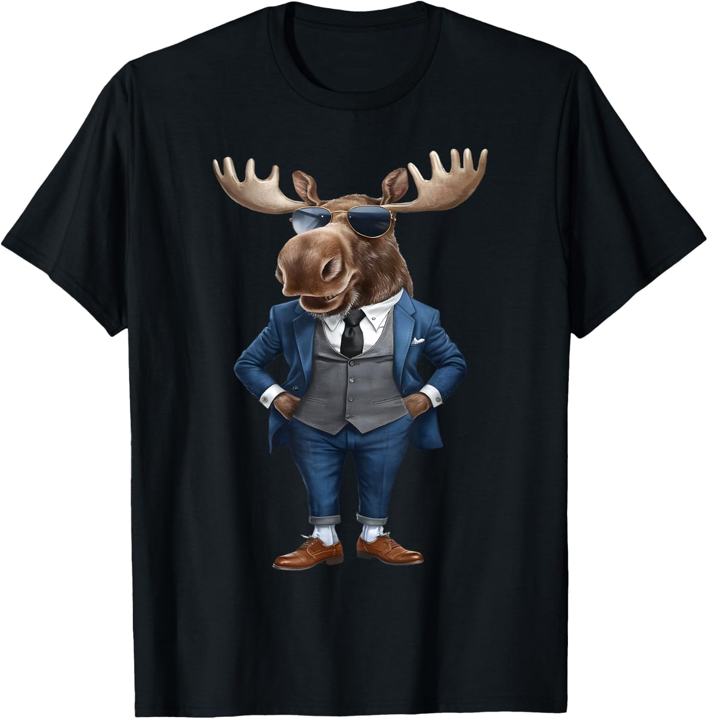 Moose Men Woman Moose In Suit - Black - Small - -Adult - Short Sleeve - Cotton, Polyester - Machine Wash T-Shirt - T-Shirt | Black