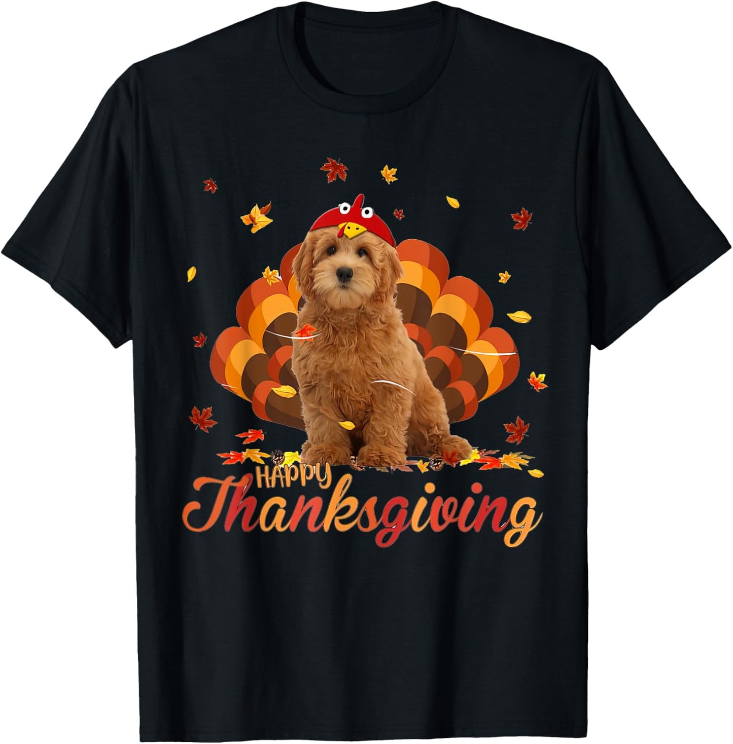 Cute Goldendoodle Happy Thanksgiving Turkey Dog Crispy Leaf Men Women T-Shirt - T-Shirt | Black