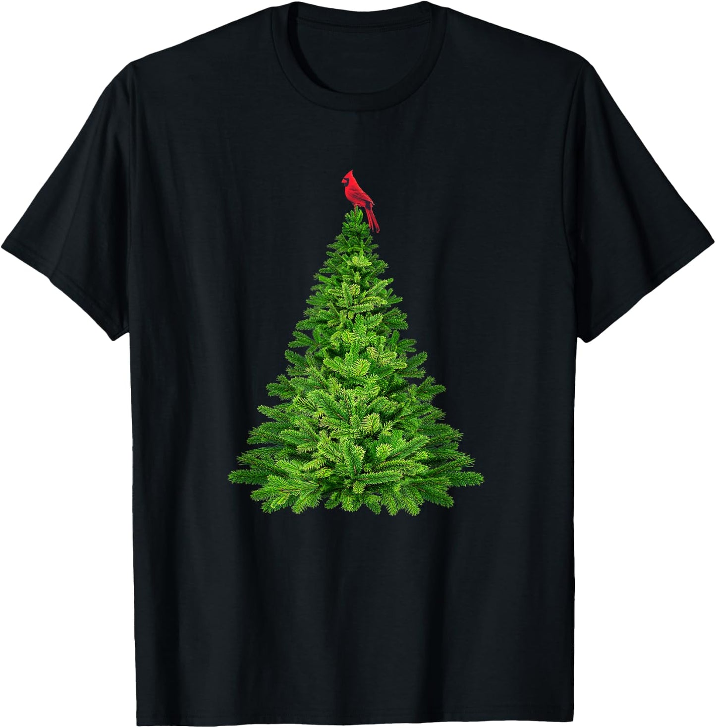 Cardinal Red Bird in Pine Tree Christmas T-Shirt - T-Shirt | Black