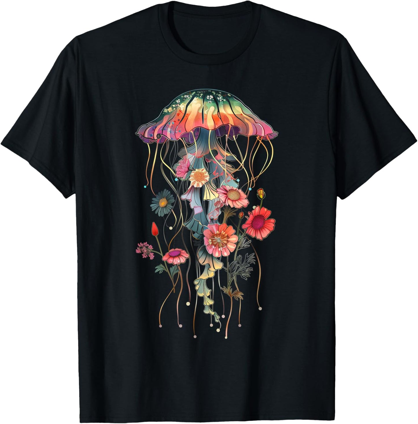 Jellyfish Flowers Vintage Floral Scuba Diving Surf T-Shirt - T-Shirt | Black