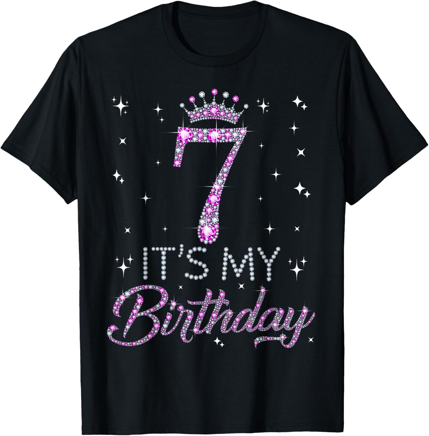 7 It's My Birthday Pink Crown Happy 7th Birthday Girl T-Shirt - T-Shirt | Black