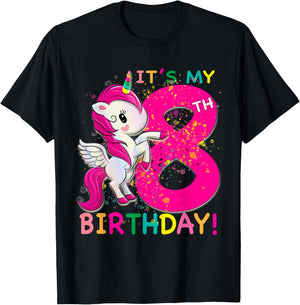 Kids Its My 8th Birthday Unicorn 8 year old Birthday girl T-Shirt - T-Shirt | Black