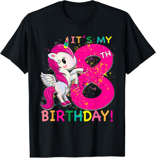 Kids Its My 8th Birthday Unicorn 8 year old Birthday girl T-Shirt - T-Shirt | Black