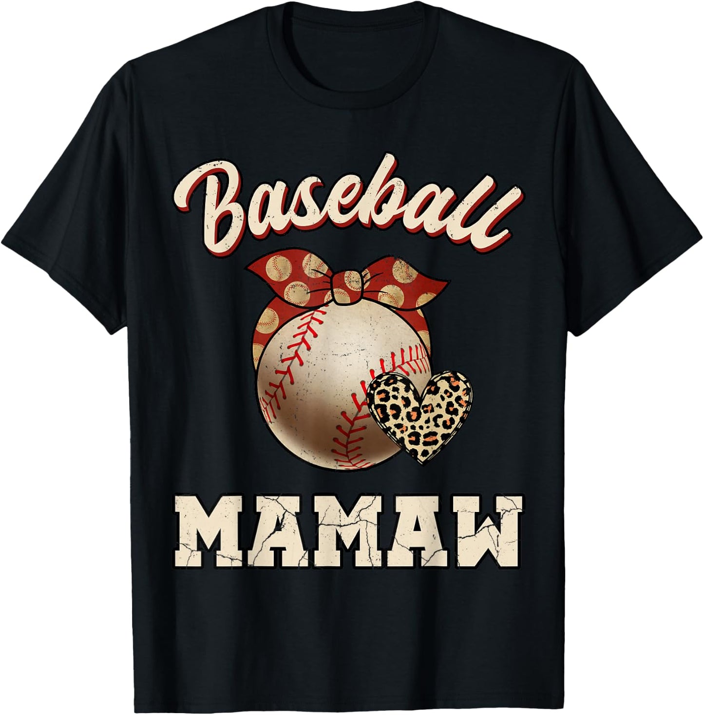 Baseball Mamaw Bandana Leopard Heart Fans Mother's Day T-Shirt - T-Shirt | Black