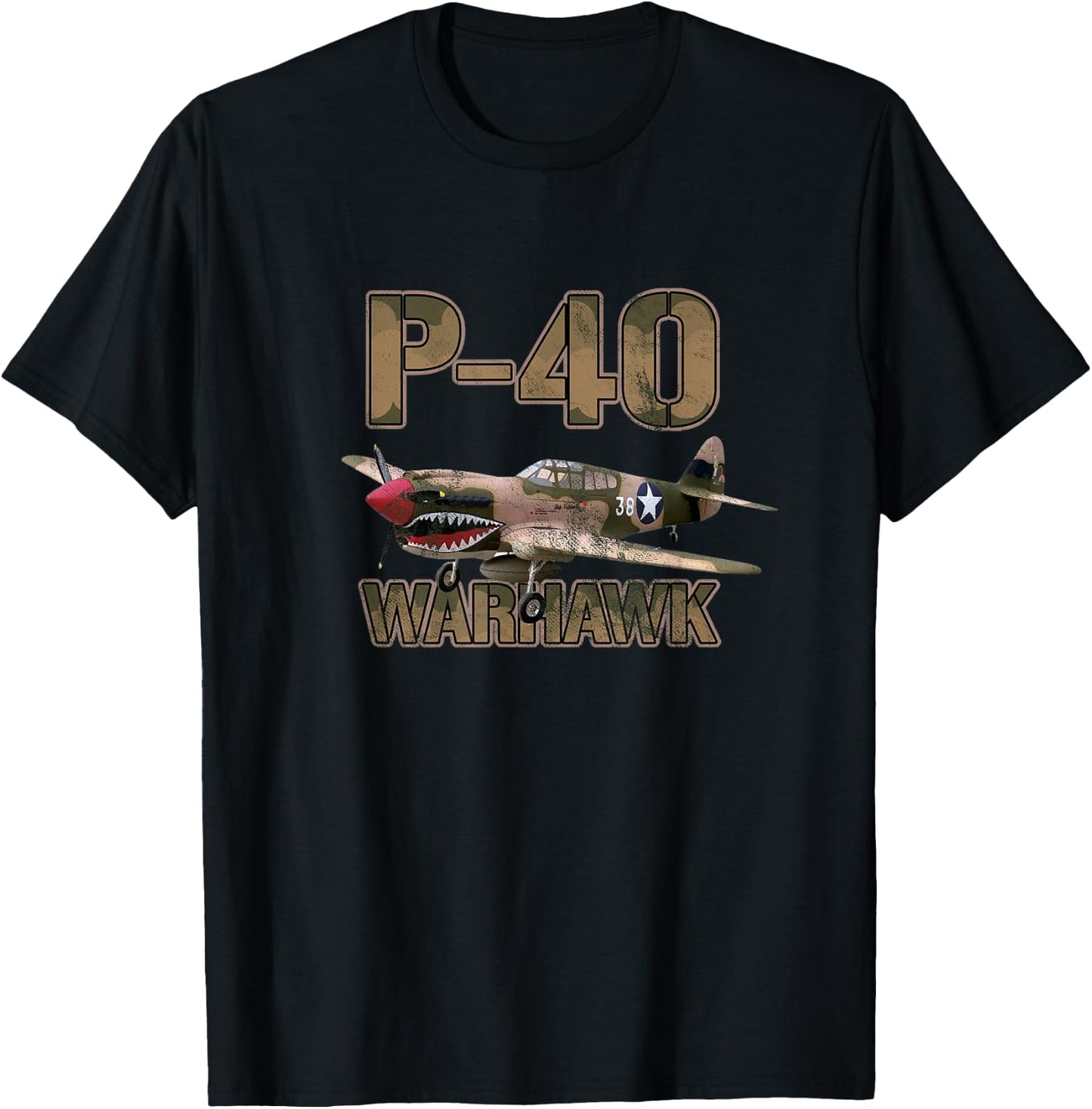 Airplane Shirt Gifts for Veterans P-40 Warhawk WWII Fighter Gift - Black, , Short Sleeve, Modern, Military, Casual, Adult, Sports, , Small T-Shirt - T-Shirt | Black