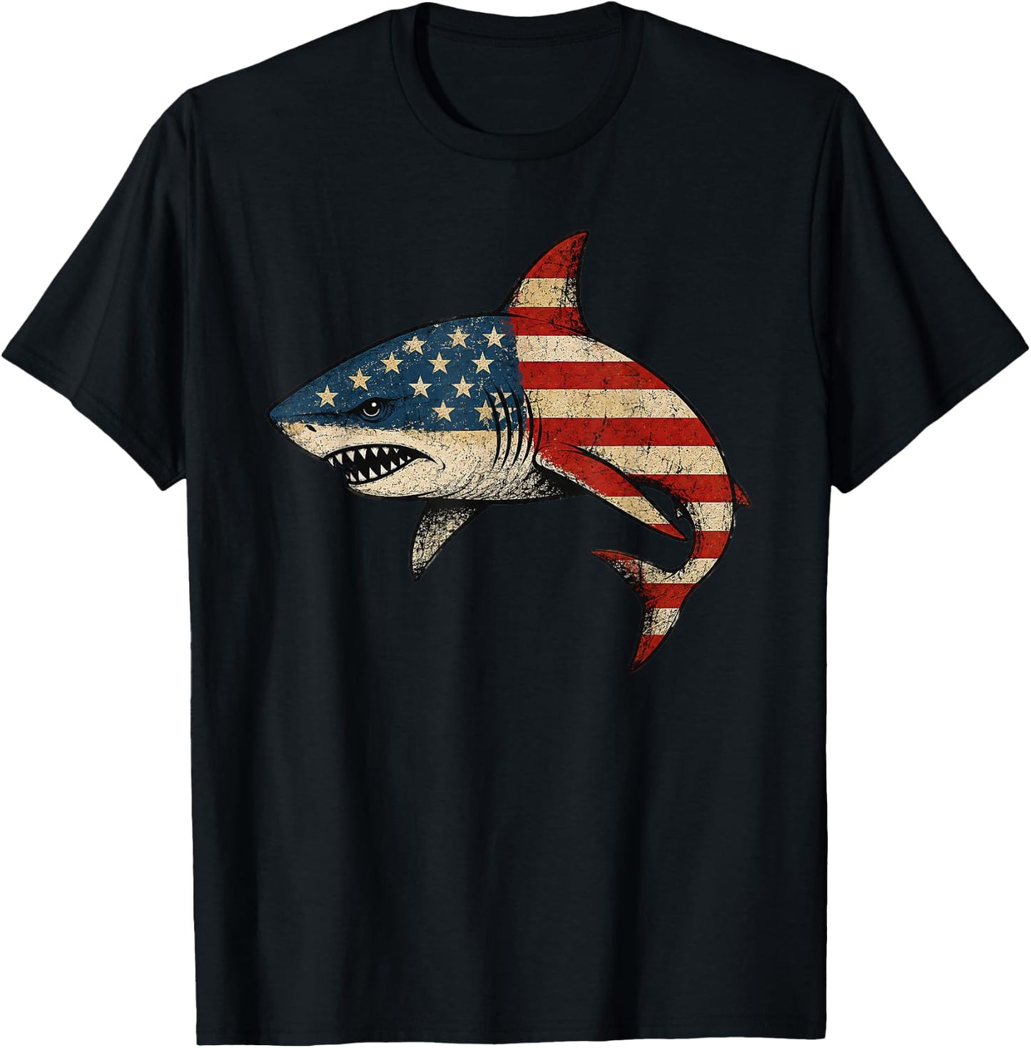 American Flag Shark 4th of July T-Shirt - T-Shirt | Black