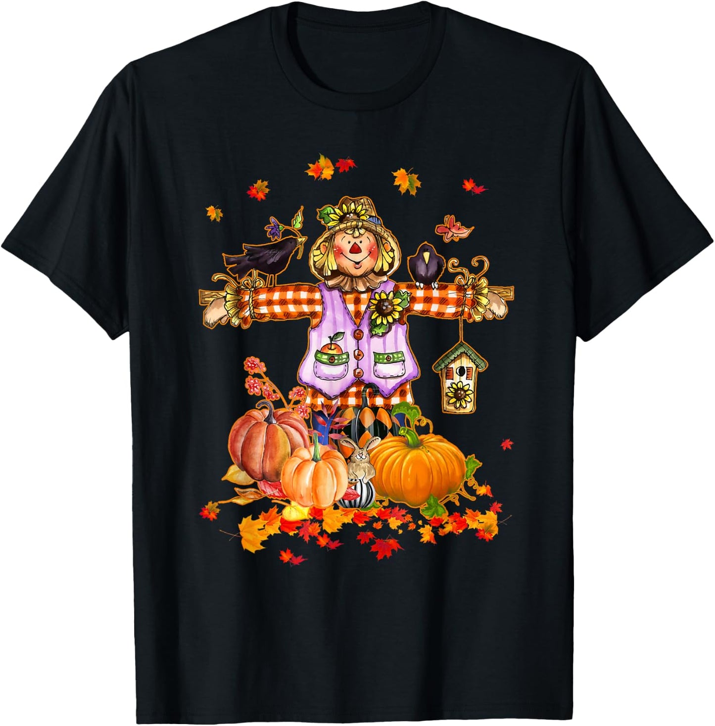 Scarecrow Autumn Hello Fall Pumpkin Thanksgiving Halloween T-Shirt - T-Shirt | Black