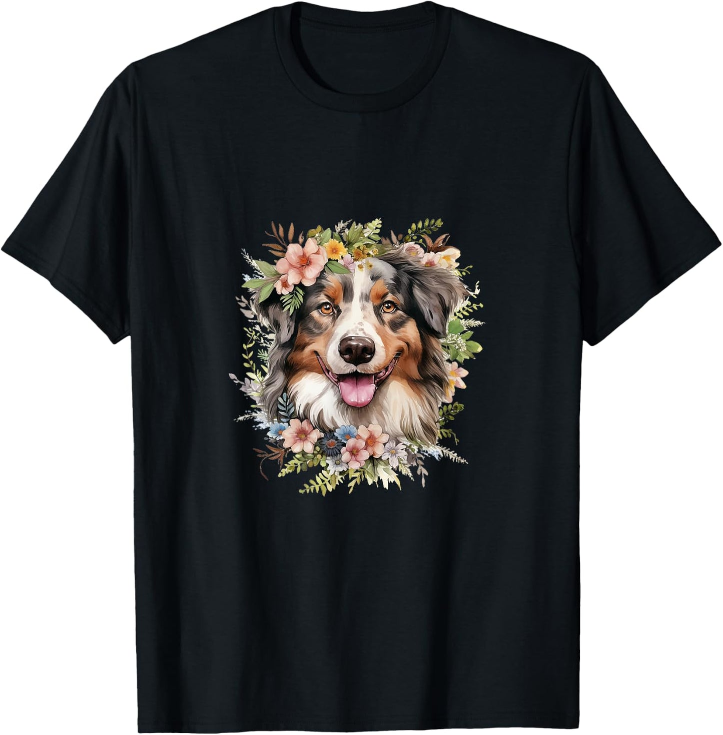 Australian Shepherd Dog With Flowers Vintage Pastel Floral T-Shirt - T-Shirt | Black