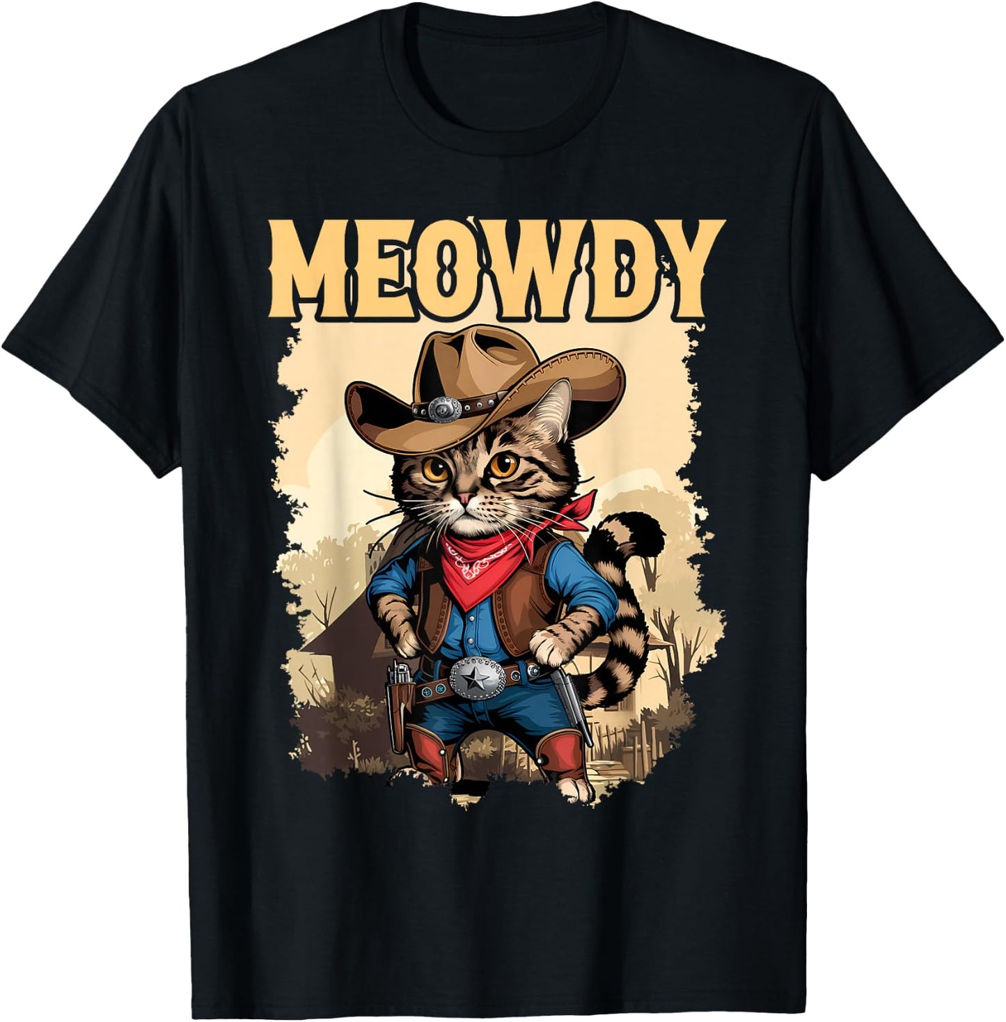 Meowdy Funny Country Side Cat Hat Vintage Cowboy Cat T-Shirt - T-Shirt | Black