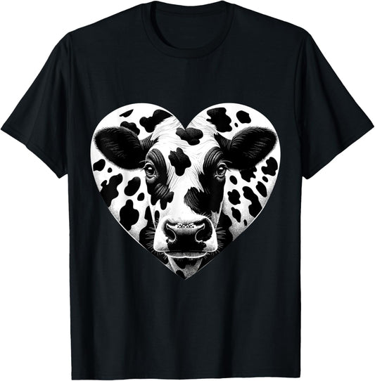 Cow Print Heart Cow Farmer Girl T-Shirt - T-Shirt | Black