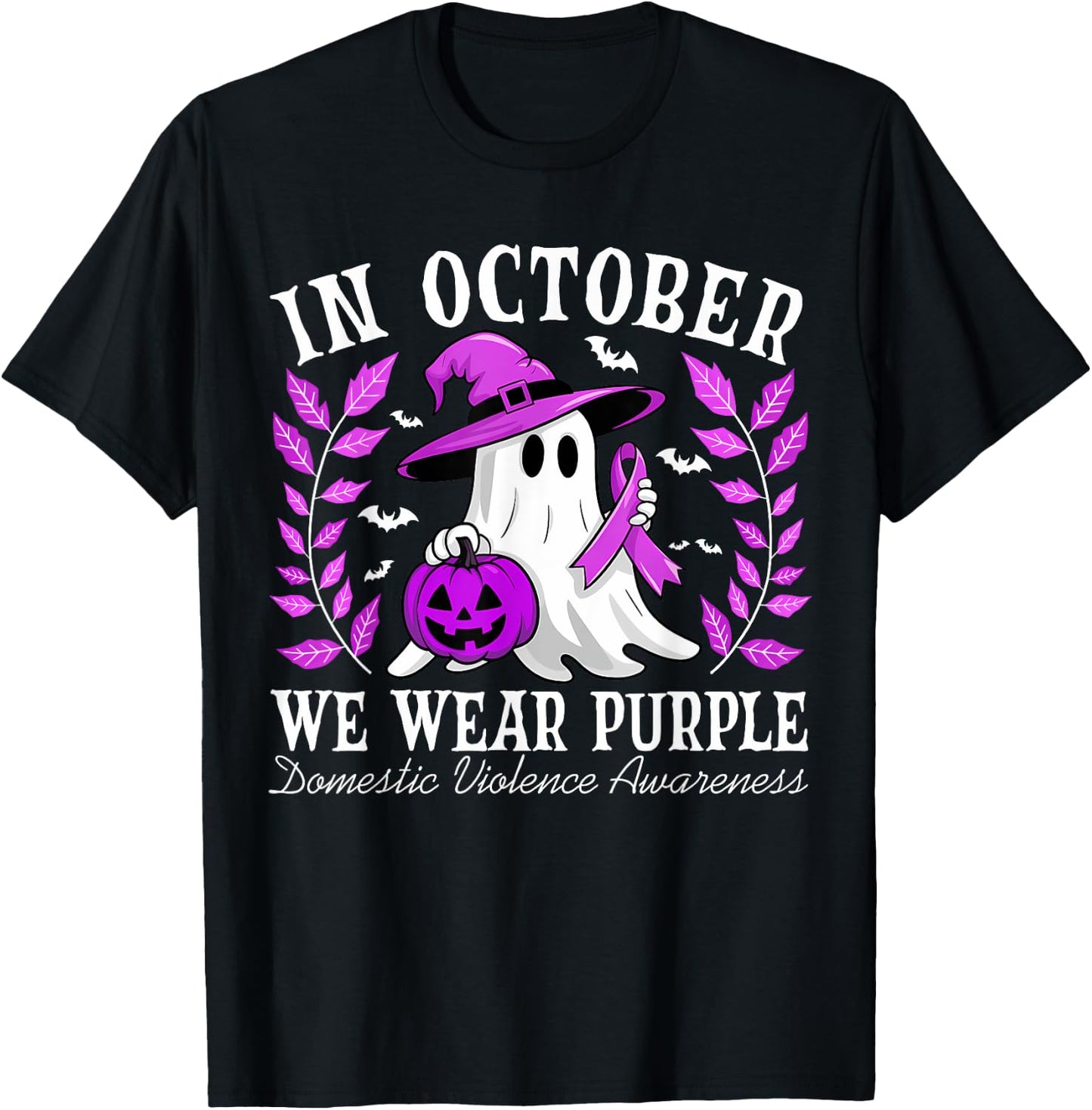 In October We Wear Purple Domestic Violence Ghost Halloween T-Shirt - T-Shirt | Black