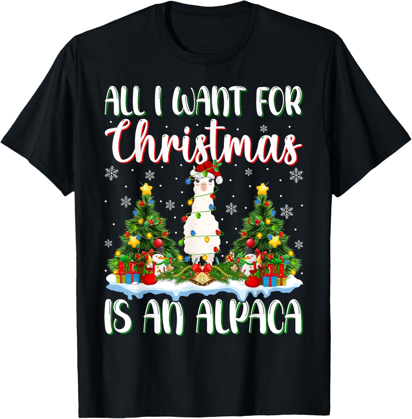 I Want For Christmas Is A Alpaca Xmas Tree Lights T-Shirt - T-Shirt | Black