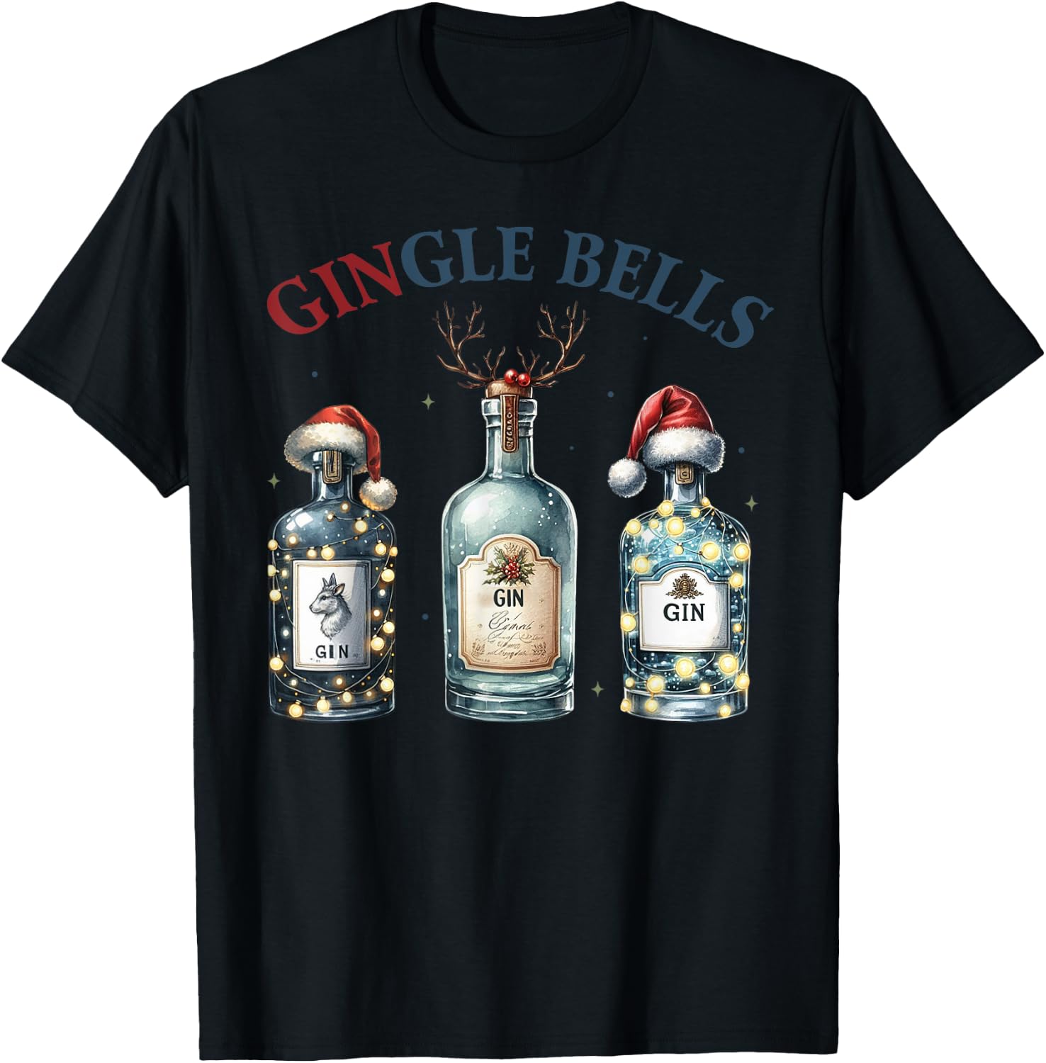 Christmas Gin Bottles with Christmas Hat Funny Gin T-Shirt - T-Shirt | Black