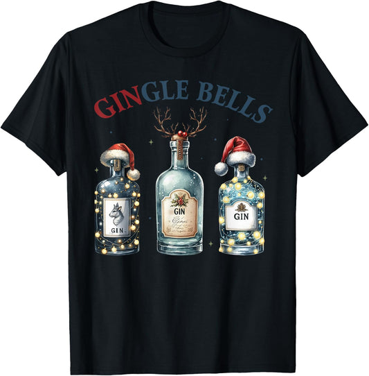 Christmas Gin Bottles with Christmas Hat Funny Gin T-Shirt - T-Shirt | Black