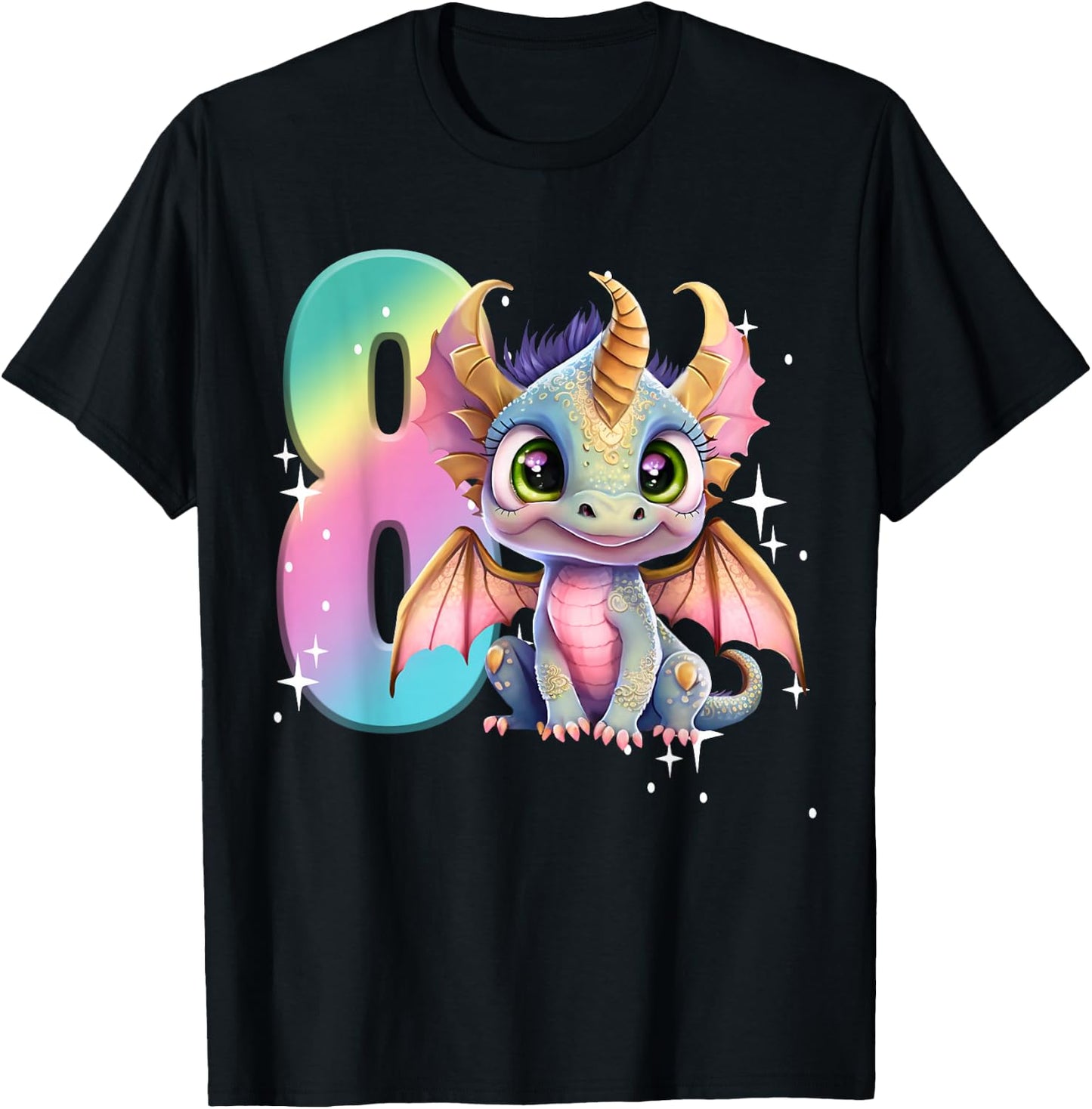 8th Birthday Shirt Girl Dragon Birthday Outfit Rainbow Eight T-Shirt - T-Shirt | Black