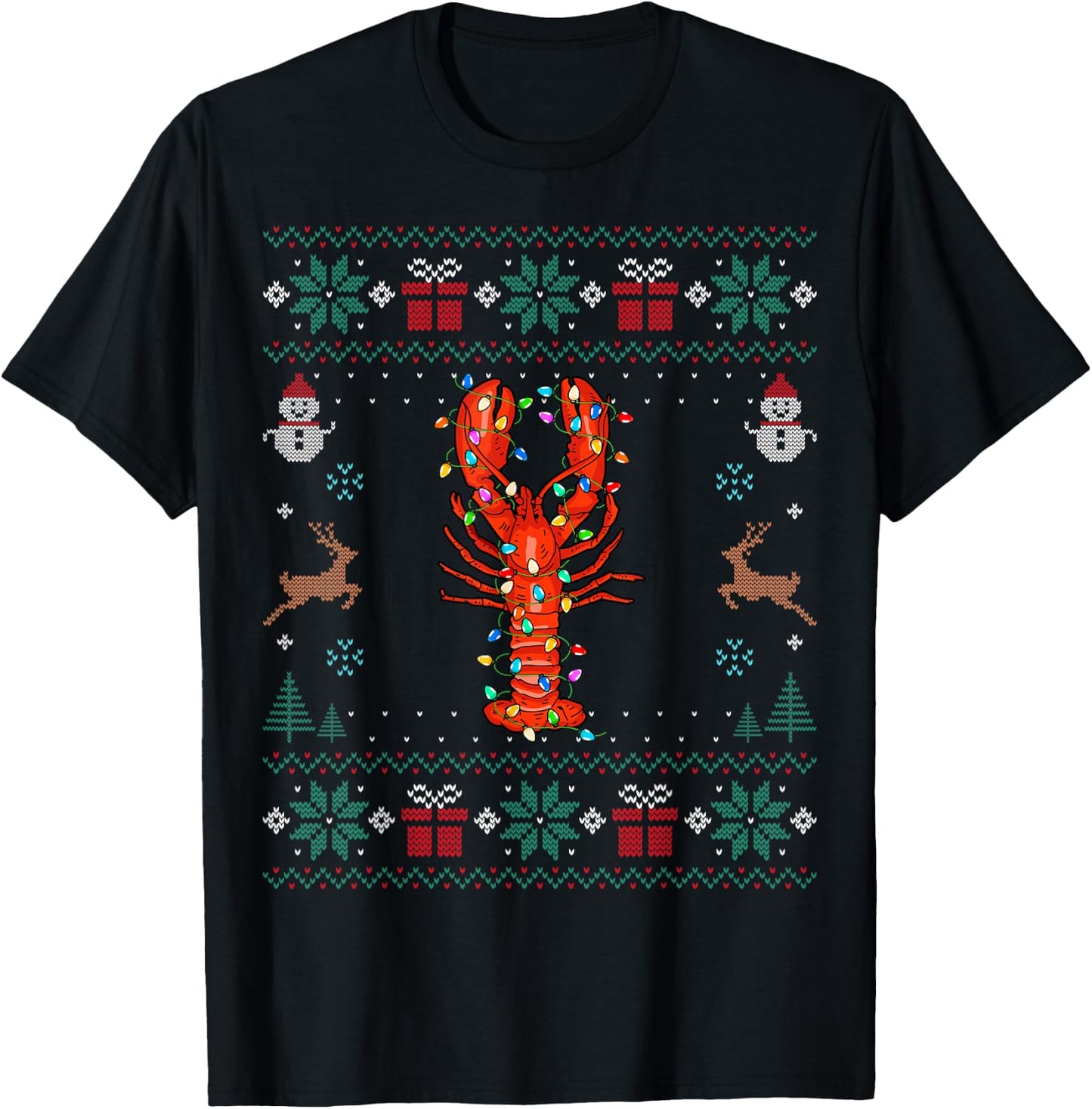 Lobster Santa Hat Xmas Lights Christmas Ugly Lobster T-Shirt - T-Shirt | Black