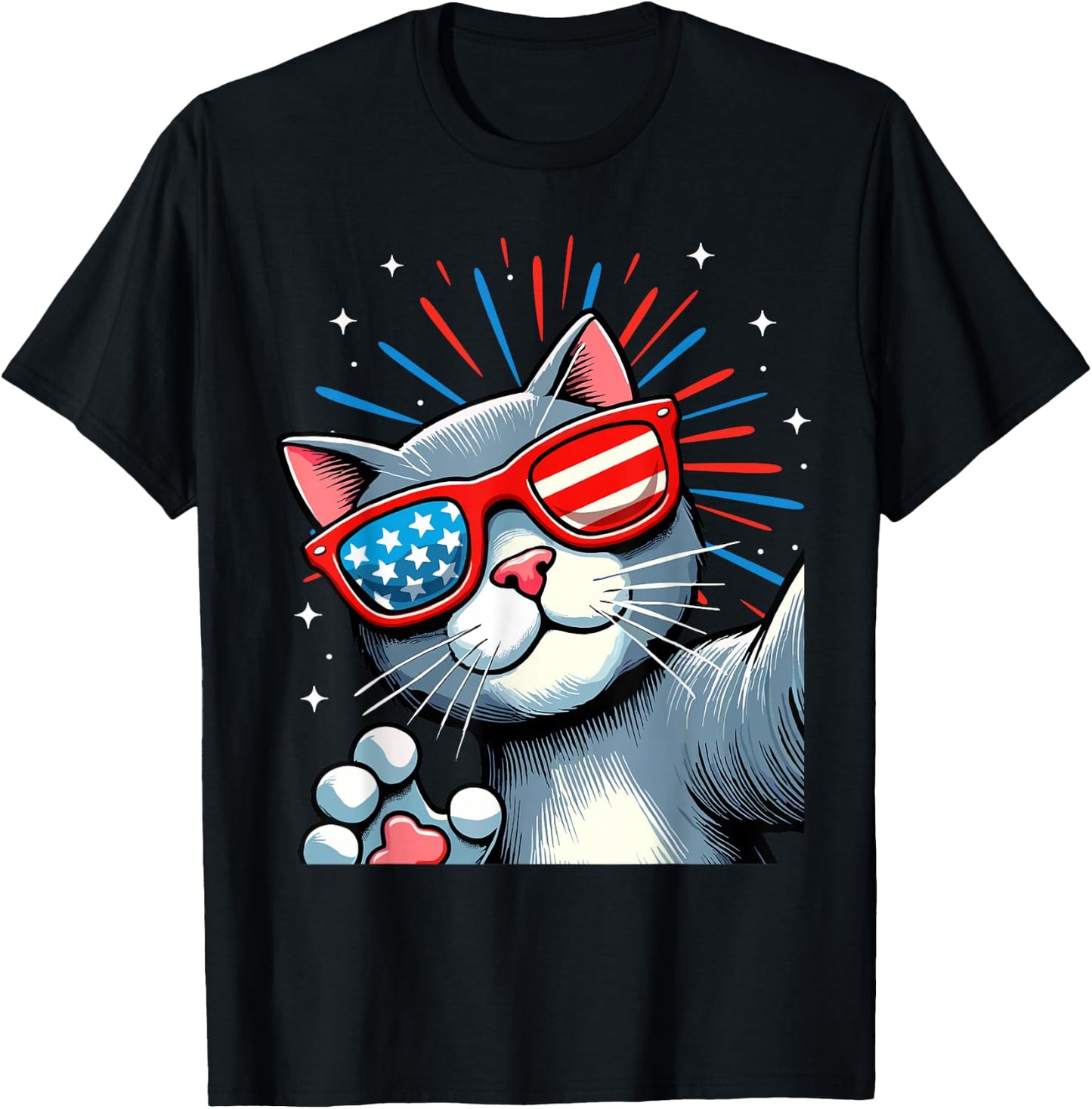 Cat Selfie with Fireworks American Flag 4th Of July Women Kids Men T-Shirt - T-Shirt | Black