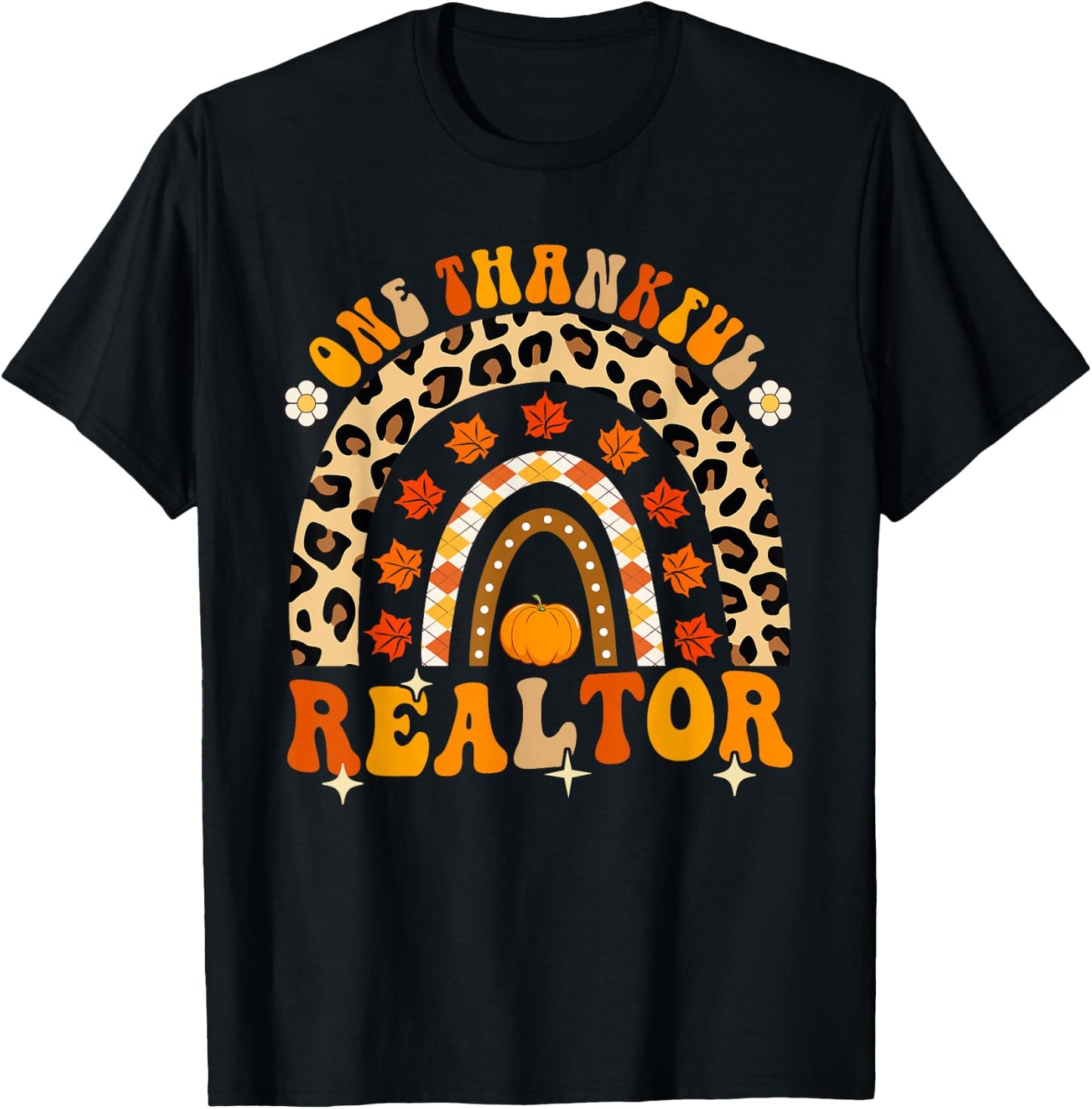 One Thankful Realtor Thanksgiving Fall Rainbow Leopard T-Shirt - T-Shirt | Black