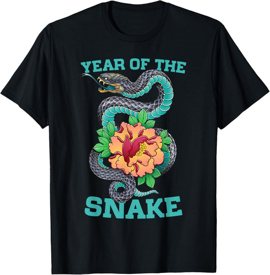 Floral Snake Chinese New Year of the Snake 2025 Zodiac T-Shirt - T-Shirt | Black