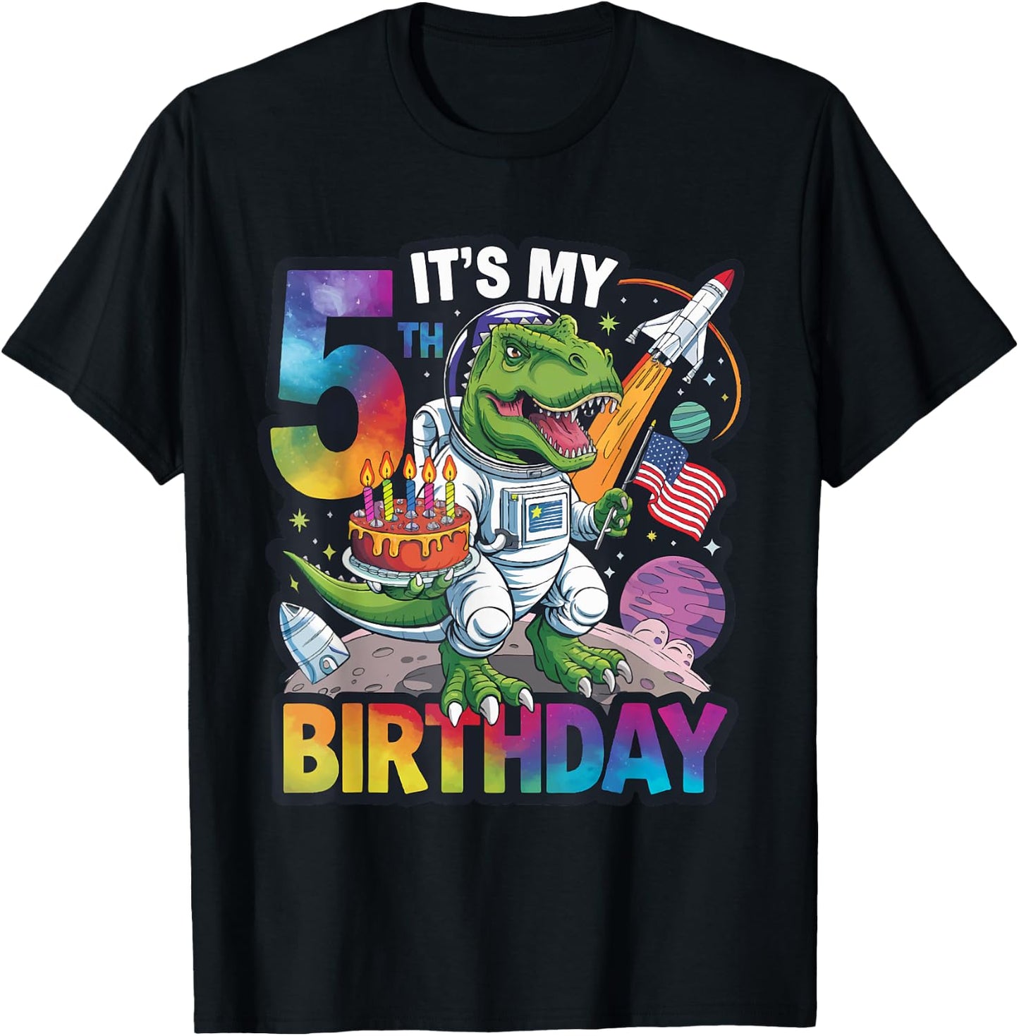 5th Birthday Dinosaur Astronaut T-Rex Space Kids Party T-Shirt - T-Shirt | Black
