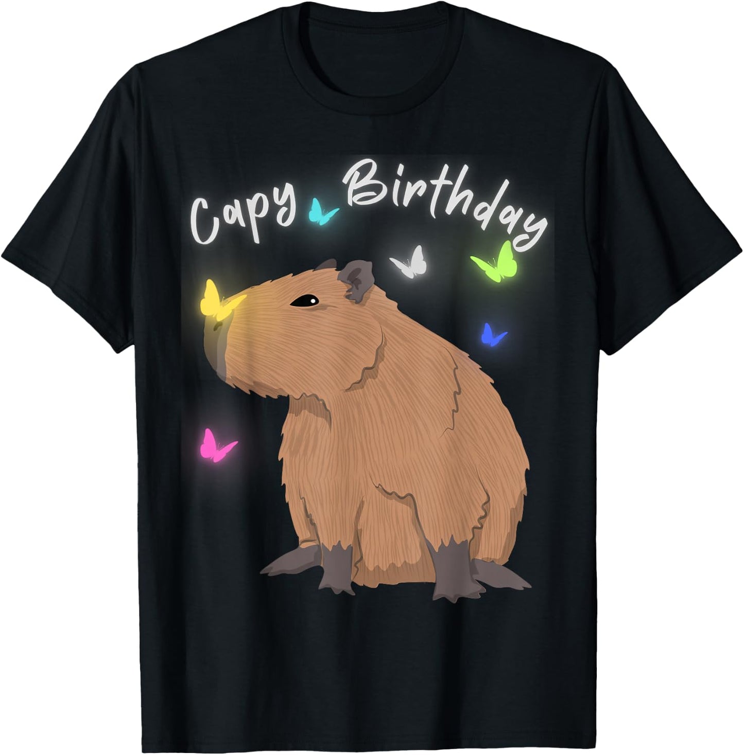 Capy Birthday Capybara Butterflies Lover Boys Girls Party T-Shirt - T-Shirt | Black
