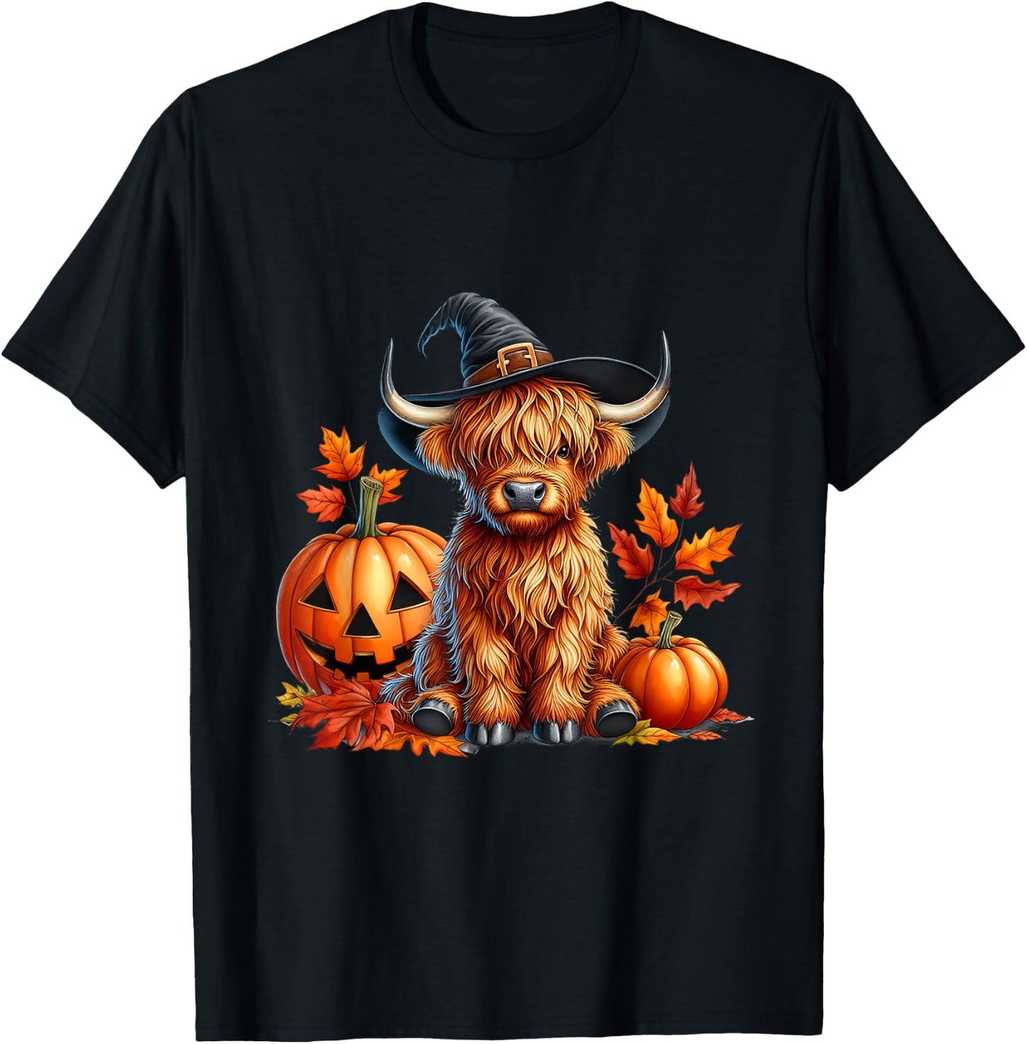 Witchy Cow Halloween Highland Cow Spooky Season Fall Autumn T-Shirt - T-Shirt | Black