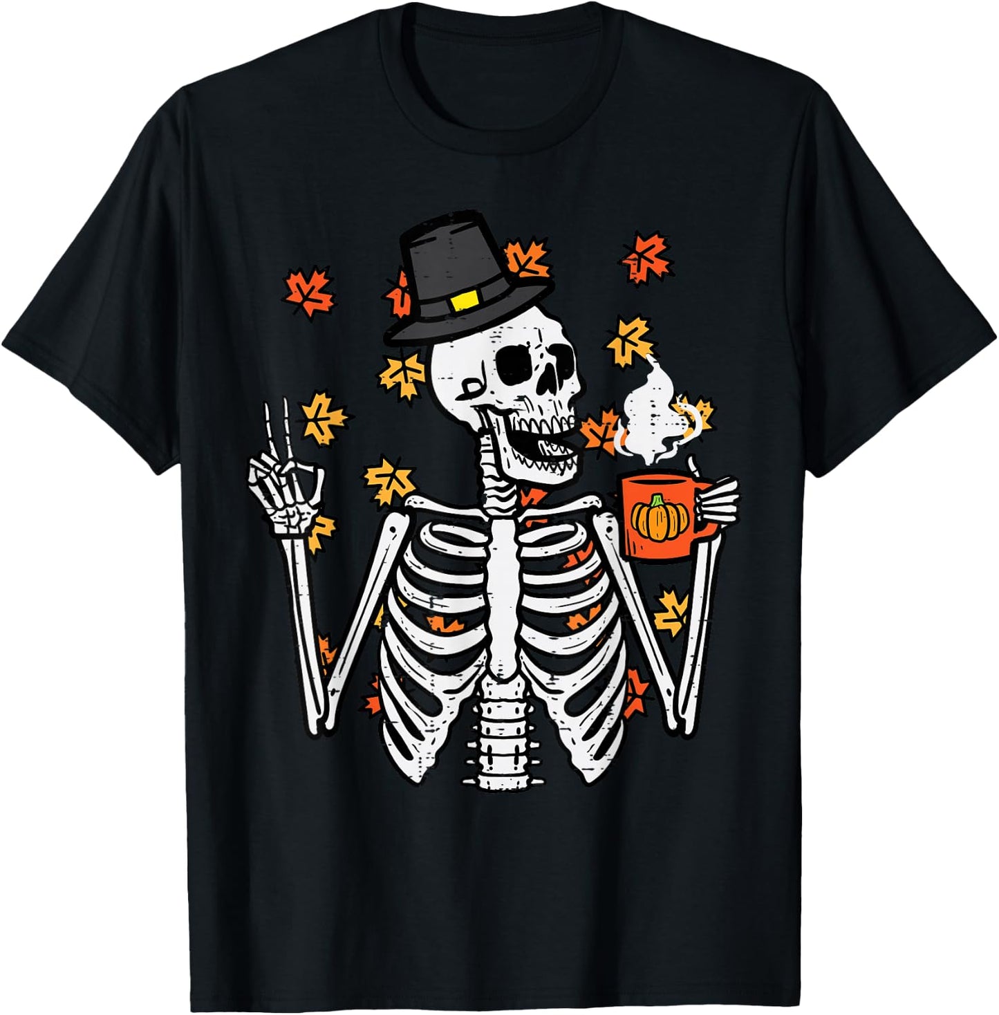 Thanksgiving Skeleton Peace Coffee Funny Fall Men Women Kids T-Shirt - T-Shirt | Black