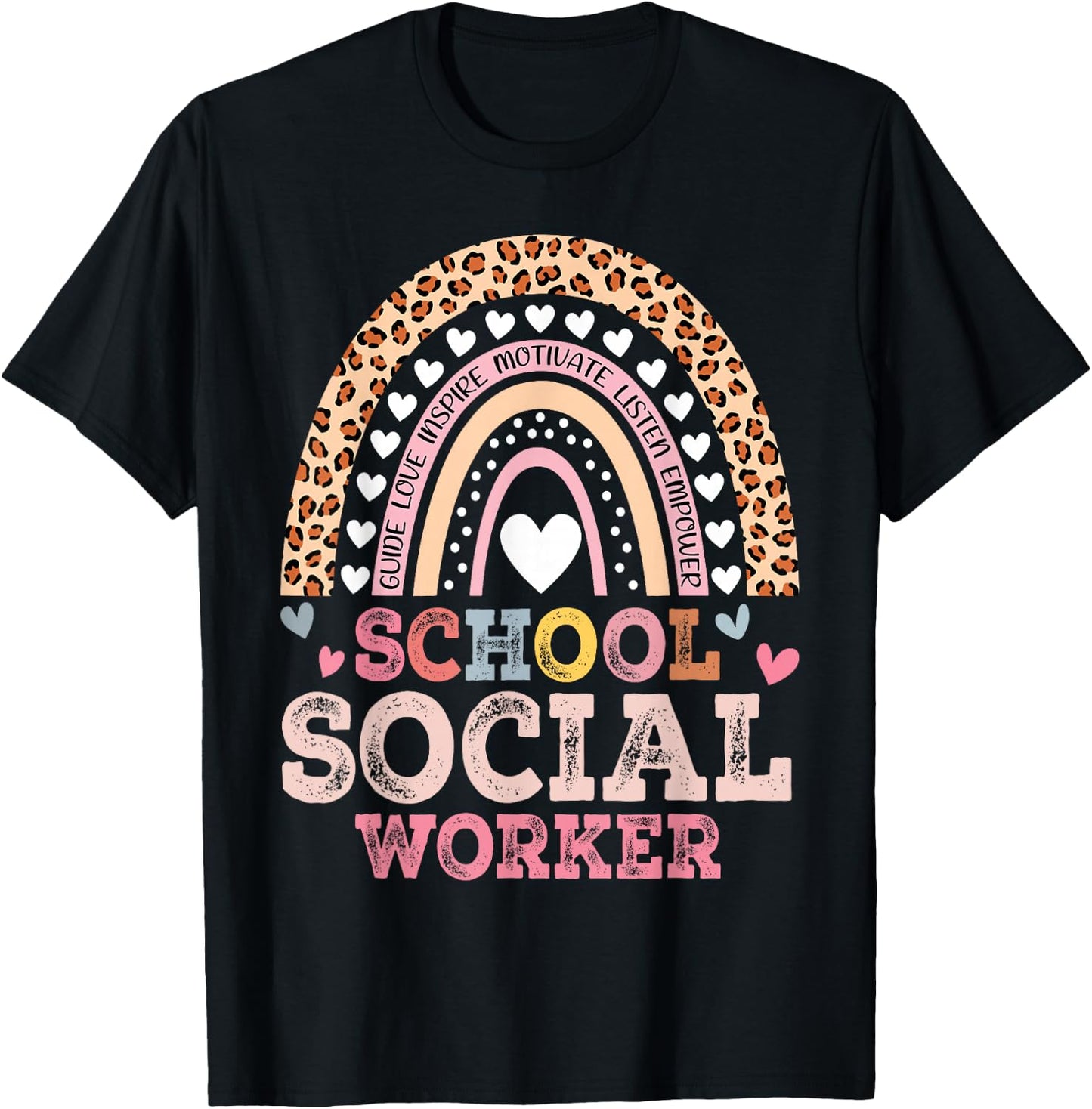 School Social Worker Rainbow Leopard Print Funny Social Work T-Shirt - T-Shirt | Black