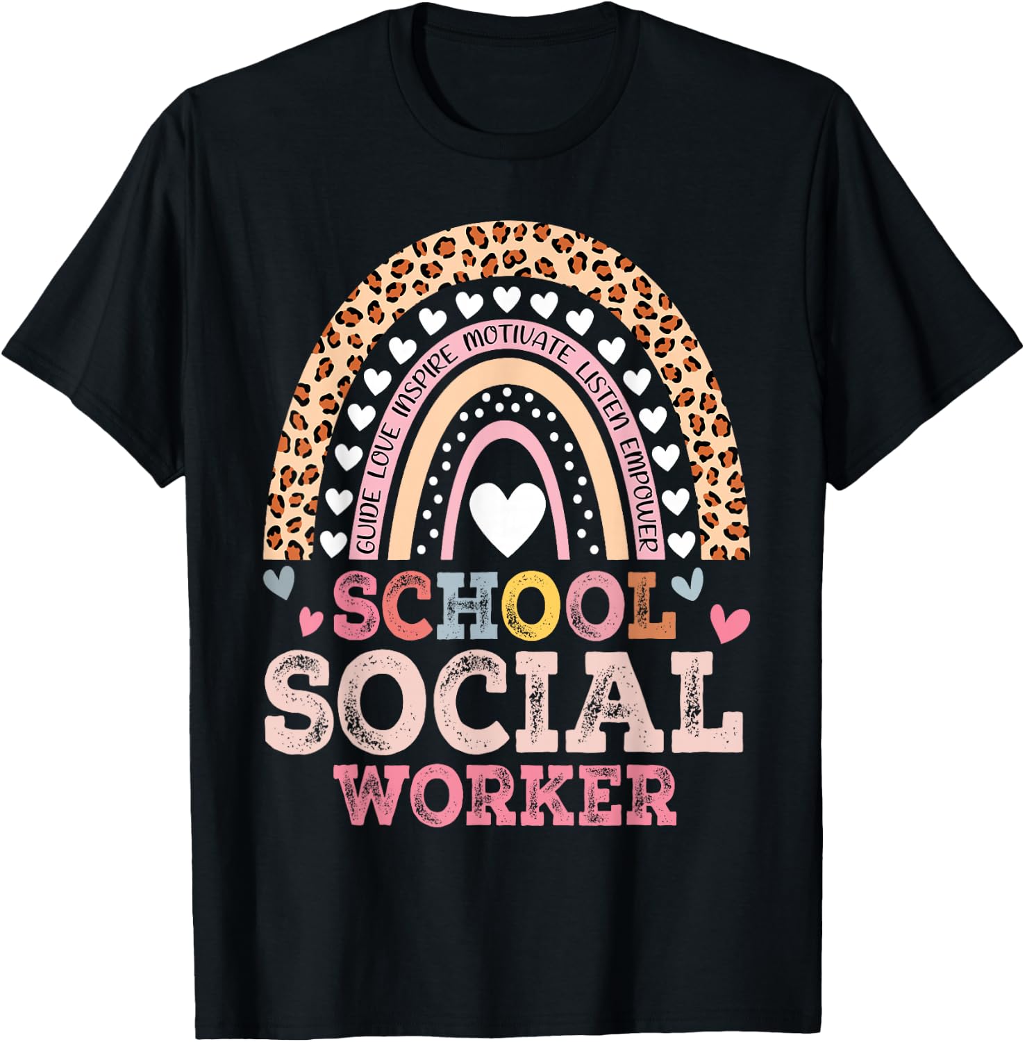 School Social Worker Rainbow Leopard Print Funny Social Work T-Shirt - T-Shirt | Black