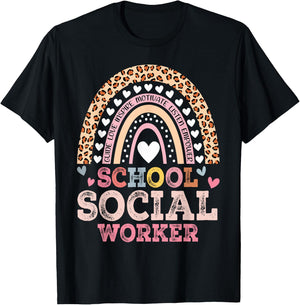 School Social Worker Rainbow Leopard Print Funny Social Work T-Shirt - T-Shirt | Black