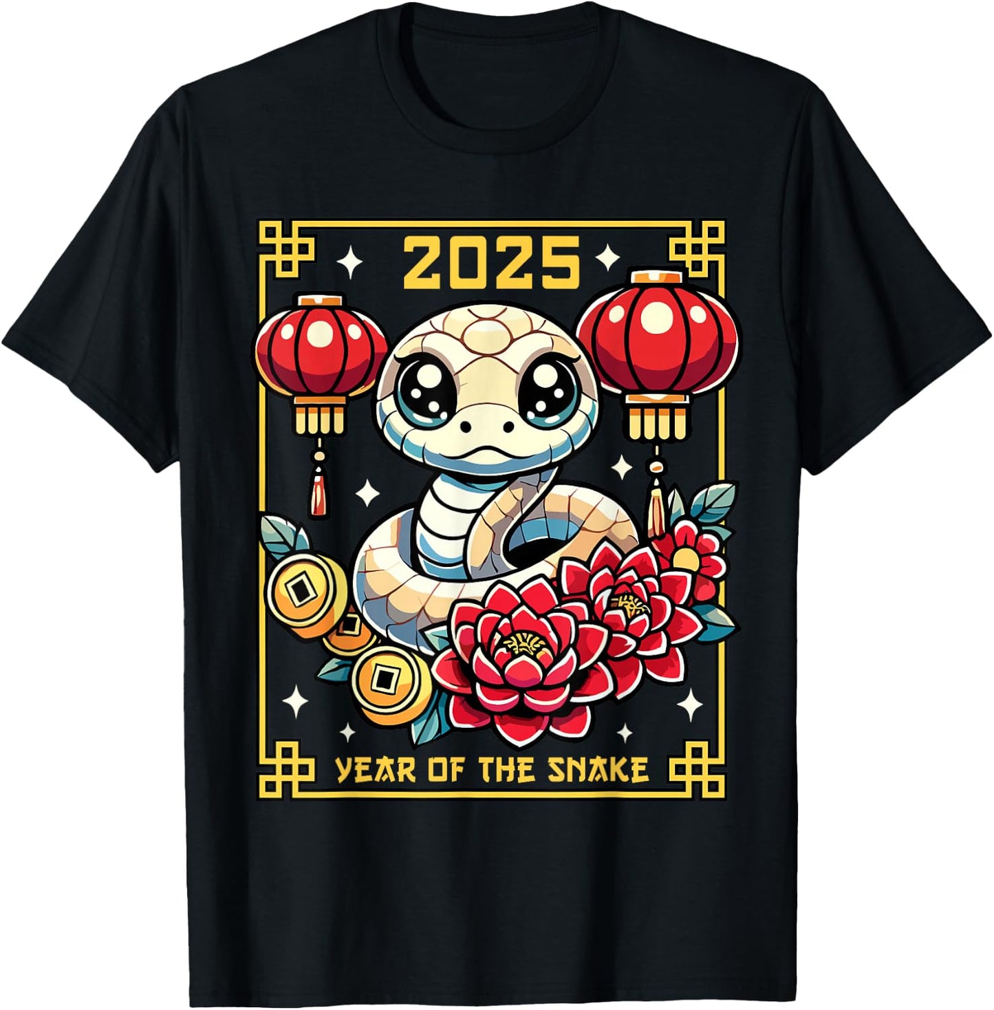 Cute Happy Chinese New Year of the Snake 2025 Lunar Zodiac T-Shirt - T-Shirt | Black