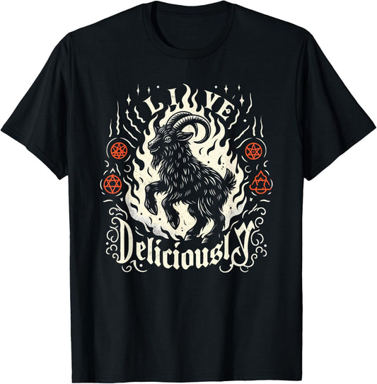 Live Deliciously Occult Goat Witch Horror T-Shirt - T-Shirt | Black