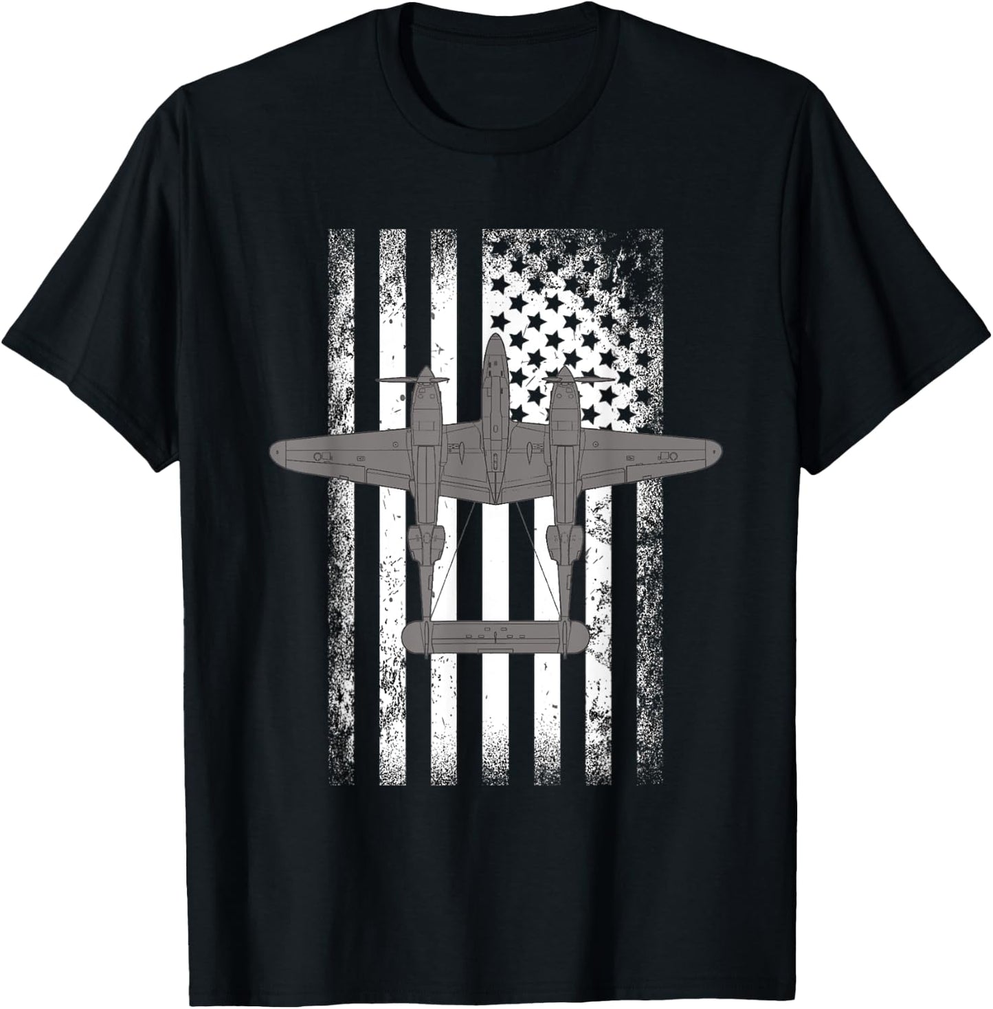 P-38 Lightning Warbird American Flag Fighter Airplane Women Men T-Shirt - T-Shirt | Black