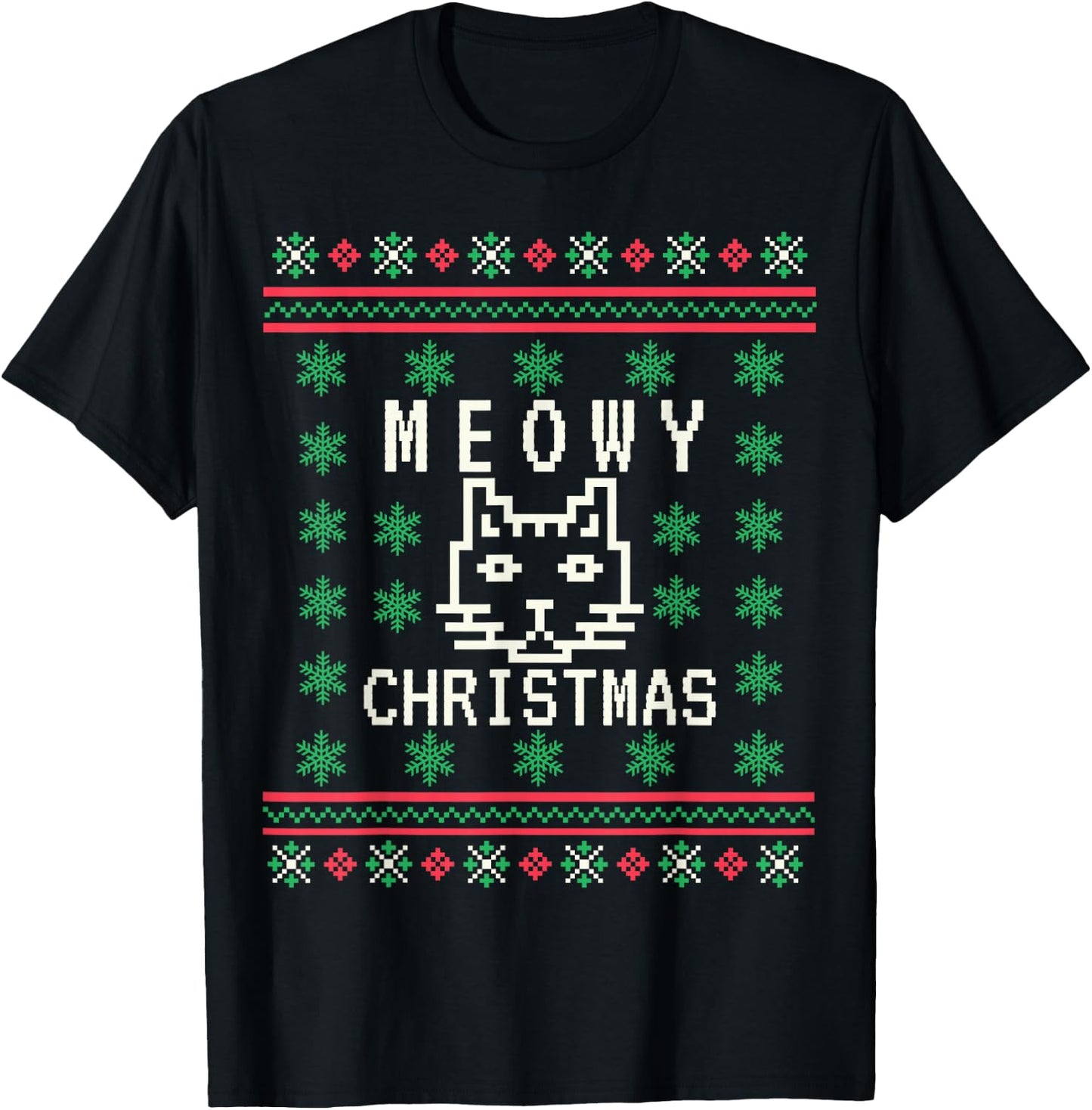 Funny Meowy Cat Christmas Ugly Sweater T-Shirt - T-Shirt | Black