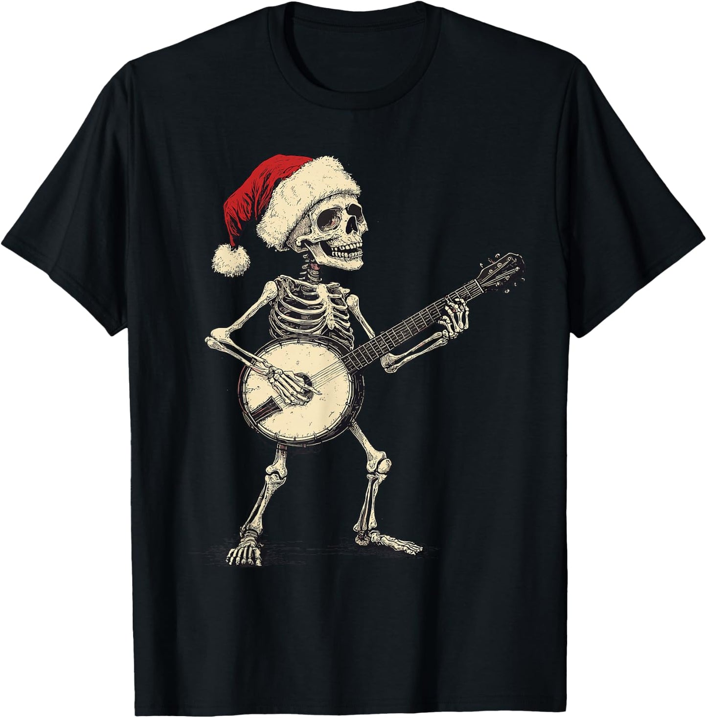 Santa Skeleton Playing Banjo Bluegrass Banjo Player Xmas T-Shirt - T-Shirt | Black