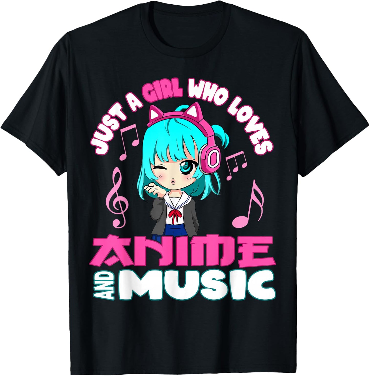 Anime and Music Girl for Teen chibi graphic funny T-Shirt - T-Shirt | Black
