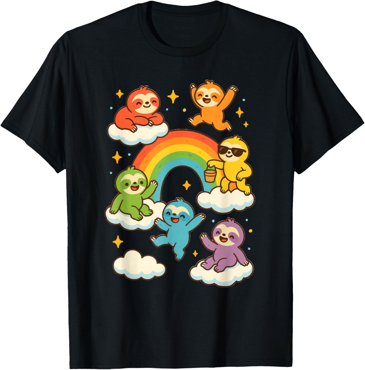Colorful Sloths With A Rainbow Kawaii Sloth T-Shirt - T-Shirt | Black