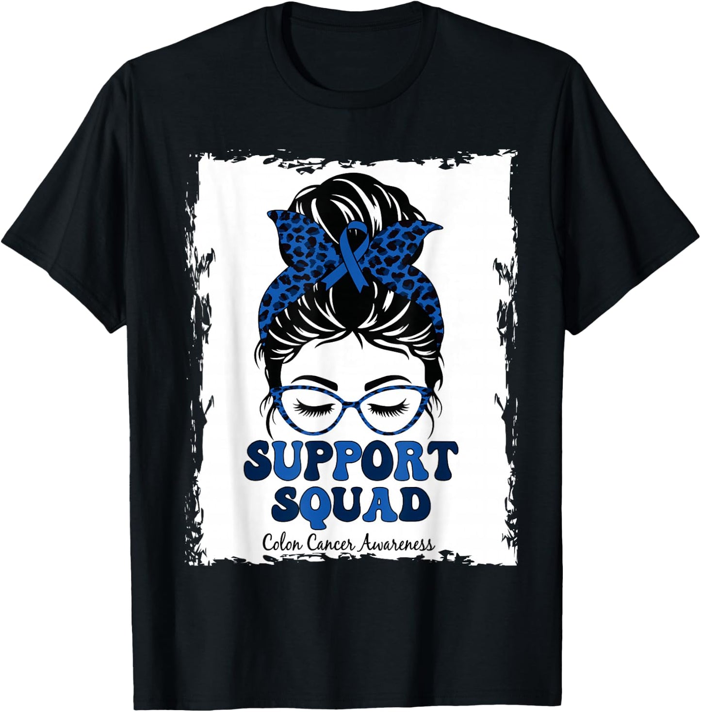 Support Squad Messy Bun Colon Colorectal Cancer Awareness T-Shirt - T-Shirt | Black