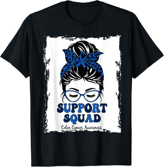 Support Squad Messy Bun Colon Colorectal Cancer Awareness T-Shirt - T-Shirt | Black