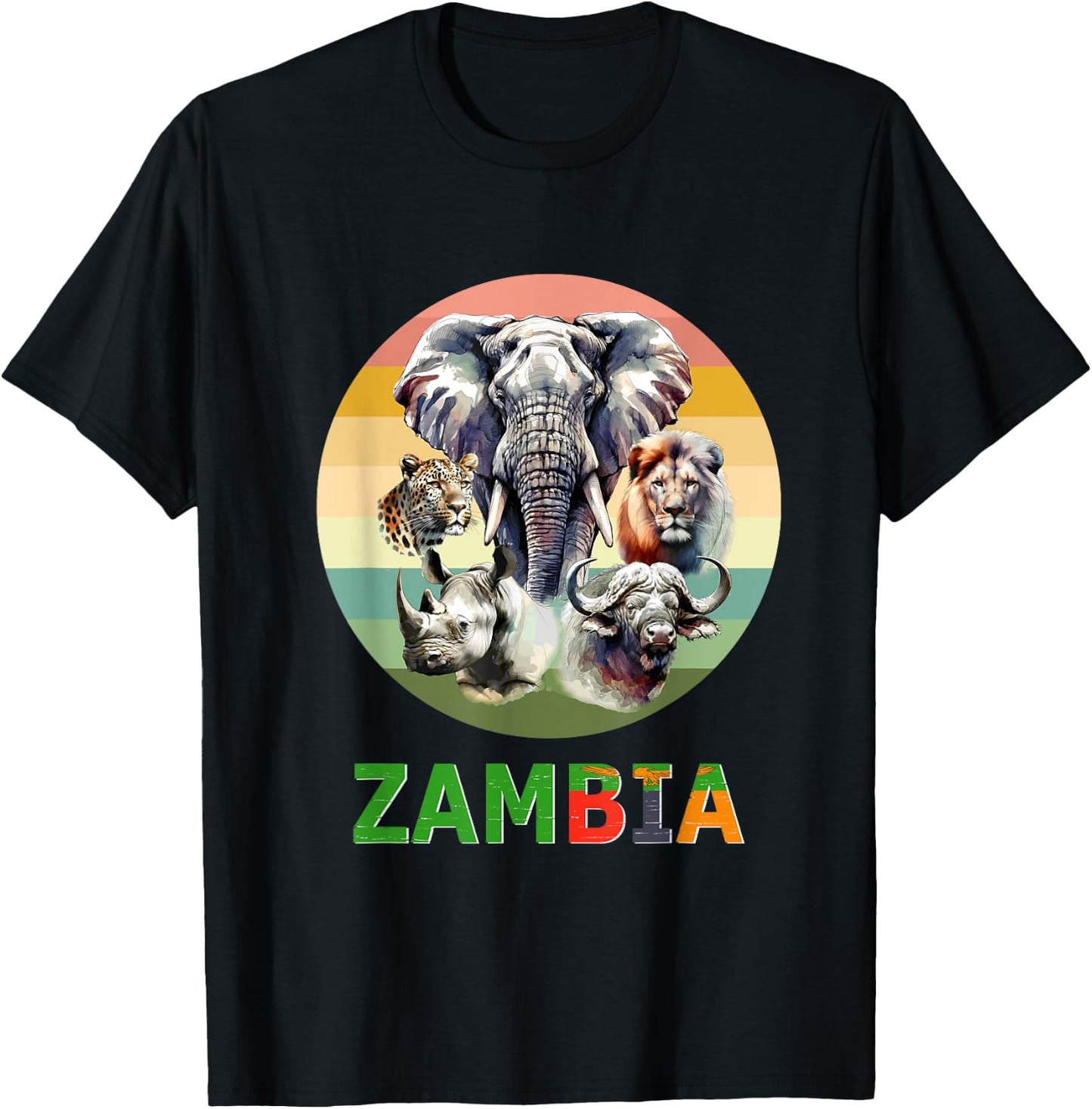 Zambia Big-5 Watercolor on Retro Sunset for Zambia Fans T-Shirt - T-Shirt | Black