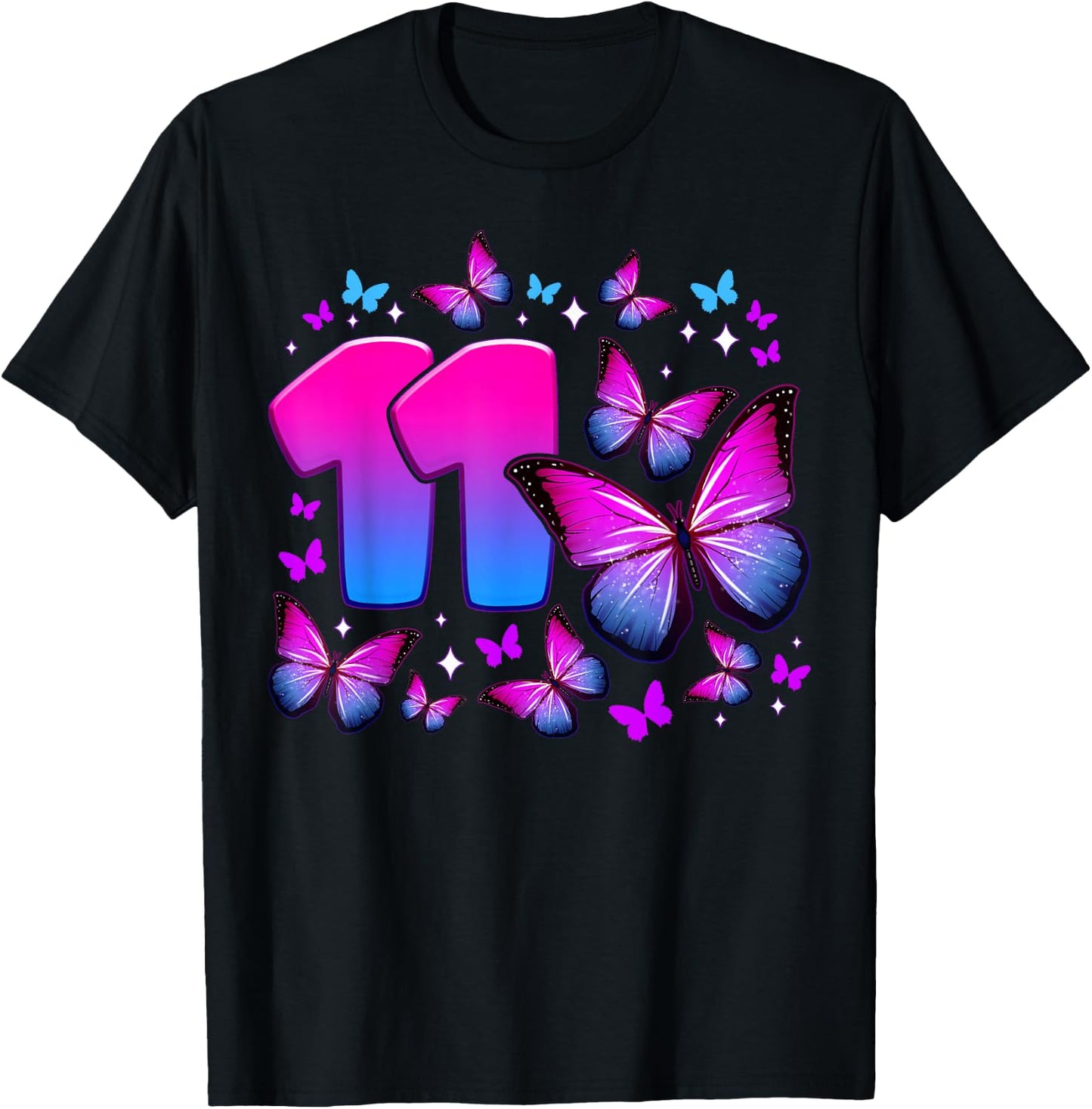 Birthday Girl 11 Years Old Butterfly Number 11 , black T-Shirt - T-Shirt | Black