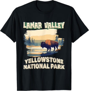 Lamar Valley Yellowstone National Park Bison Hiking Outdoor T-Shirt - T-Shirt | Black