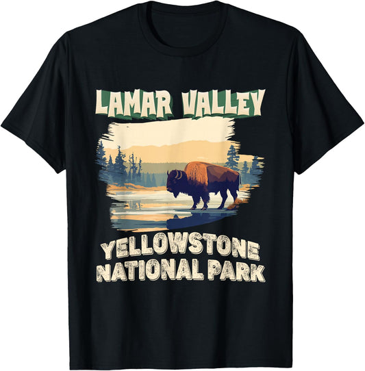 Lamar Valley Yellowstone National Park Bison Hiking Outdoor T-Shirt - T-Shirt | Black