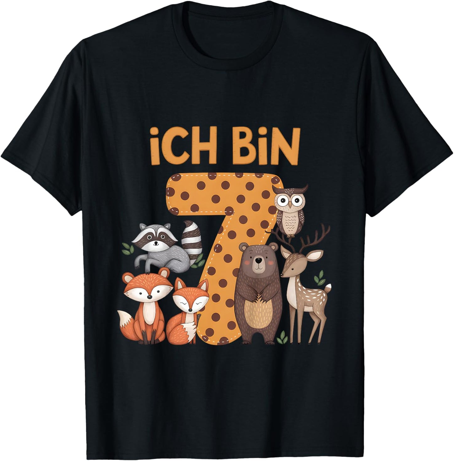Kinder 7. Geburtstag Waldtiere Wald Tiere Reh Bär Geburtstags T-Shirt - T-Shirt | Black