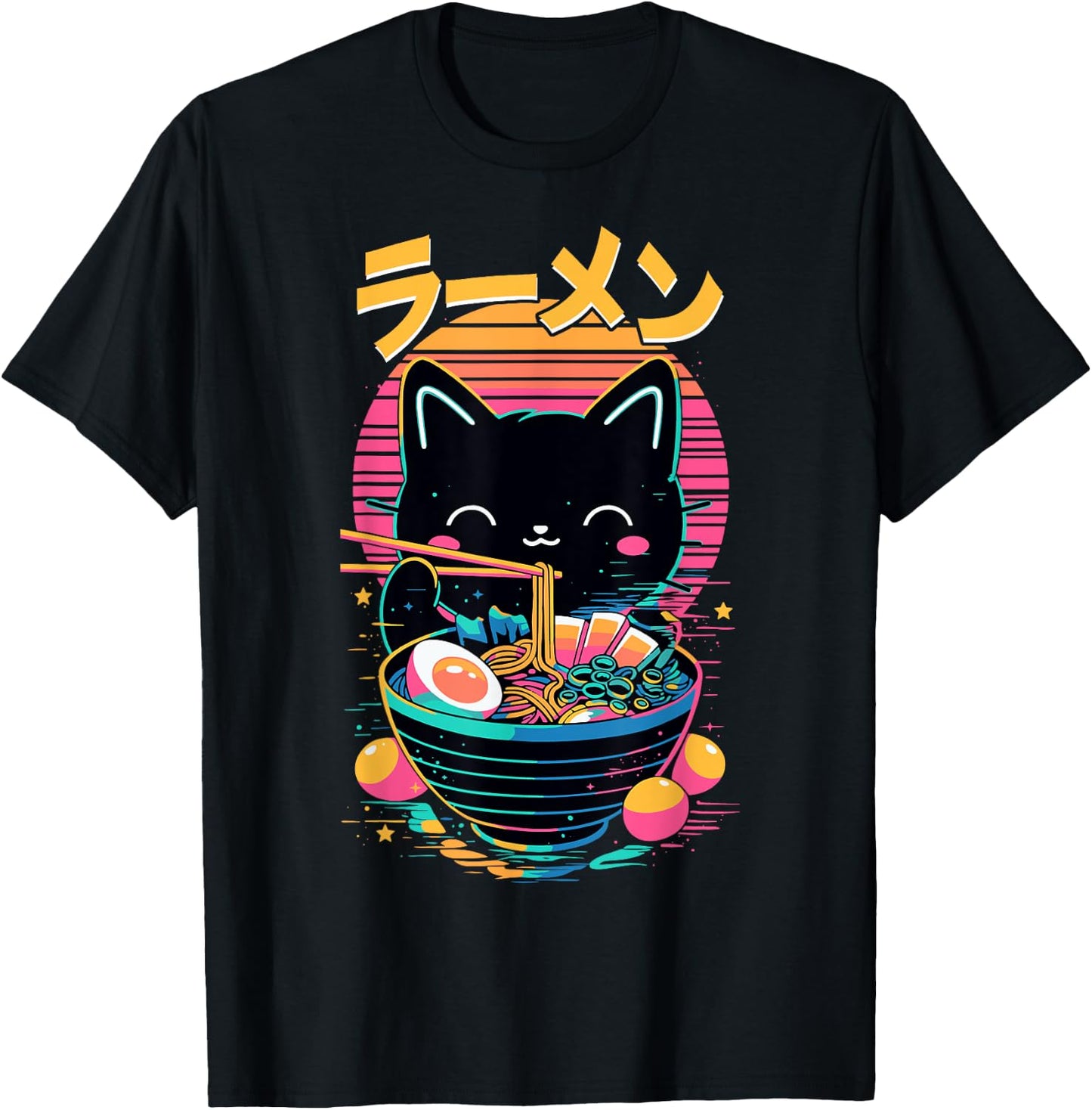 Anime Cat Eating Ramen Japanese Ramen Cat Japan T-Shirt - T-Shirt | Black