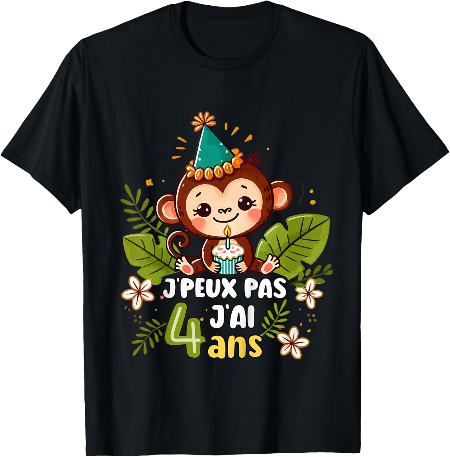 Child Je Peux Pas J'ai 4 Years Birthday Jungle Monkey Boy Green , Green, 2 T-Shirt - T-Shirt | Black