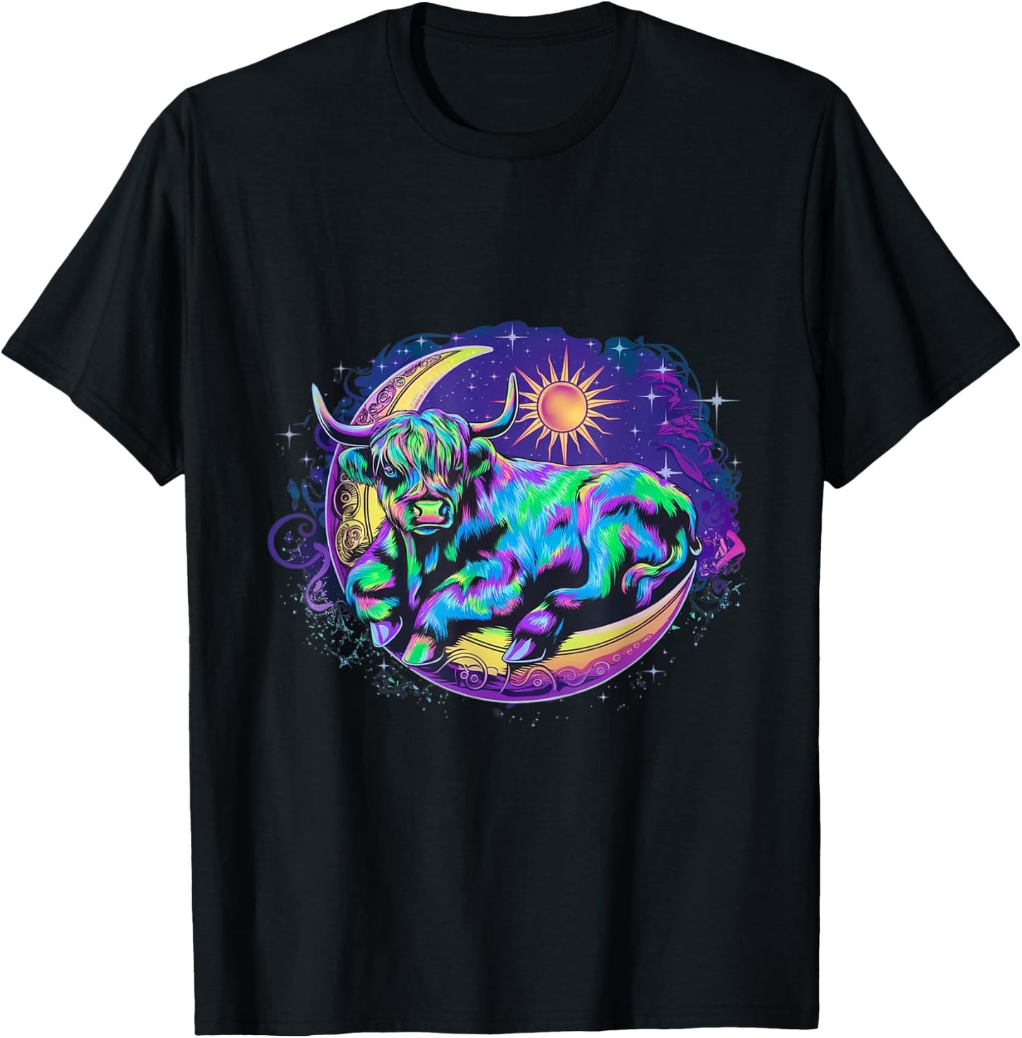 Dreamy Highland Cow Lounging on Crescent Moon Cow Over Moon T-Shirt - T-Shirt | Black