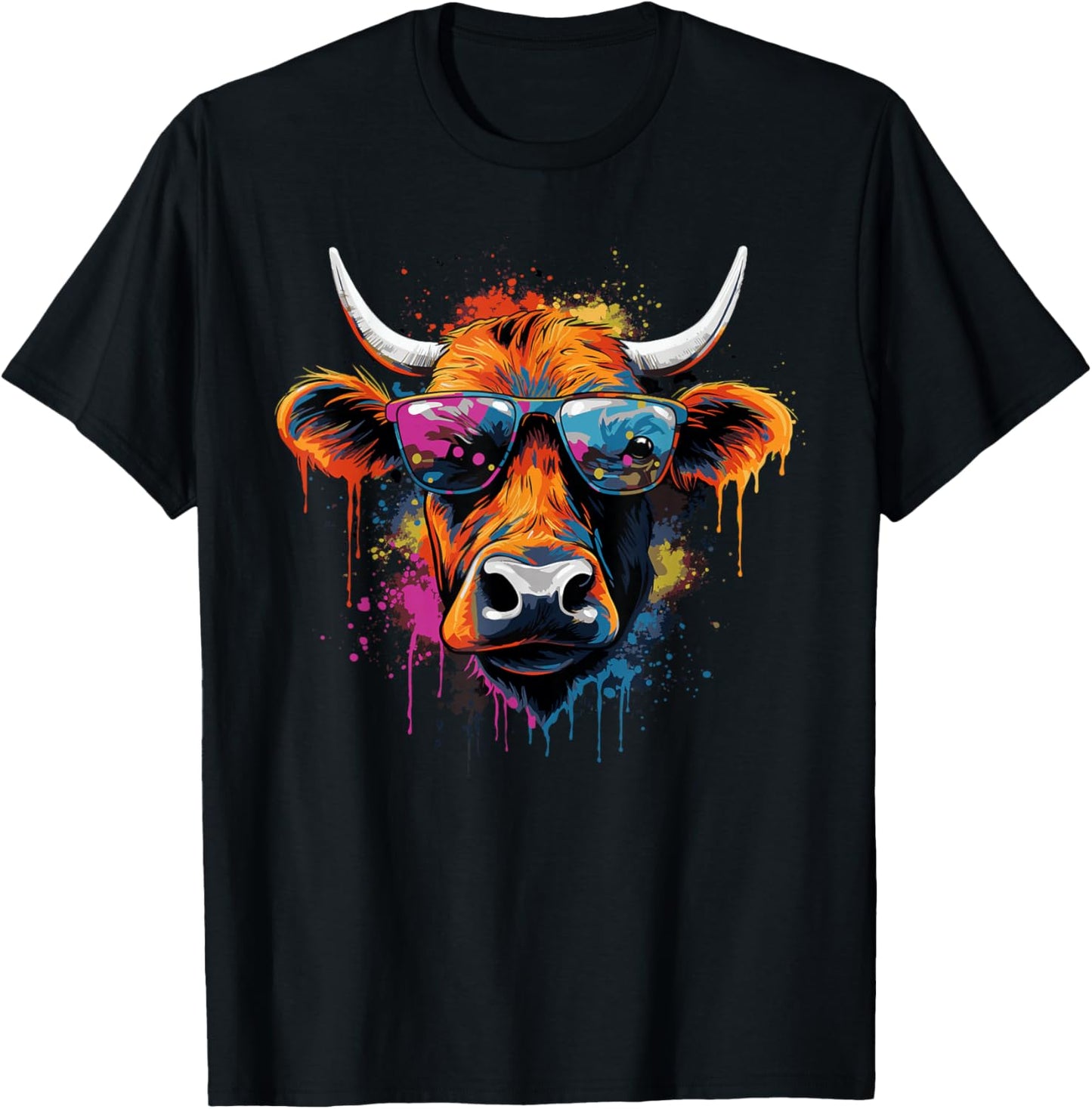 Funny Colourful Cow with Sunglasses , black T-Shirt - T-Shirt | Black