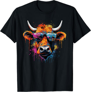 Funny Colourful Cow with Sunglasses , black T-Shirt - T-Shirt | Black