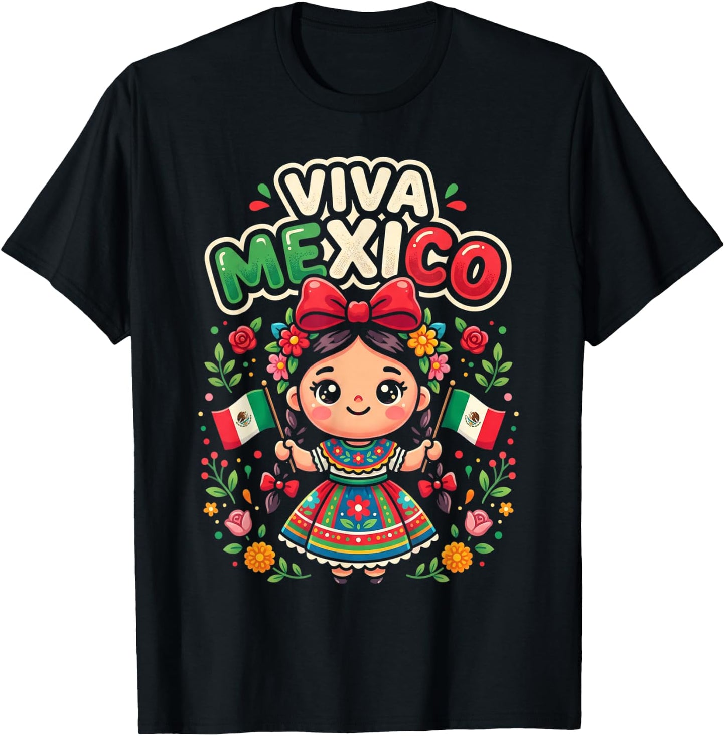 Viva Mexico Mexican Girl Flag Independence Day Girls Kids T-Shirt - T-Shirt | Black
